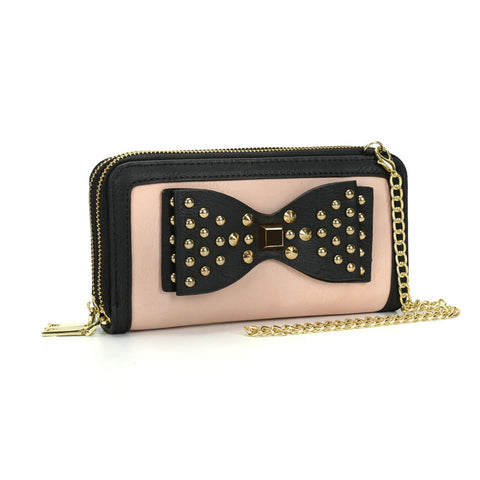 VKP1431 Pink  - Rivet Bow Decoration Metal Chain Wallet