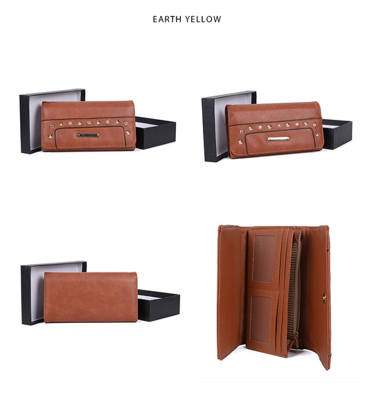 VKP1493 Earth Yellow - New Rivet Solid Color Long Wallet