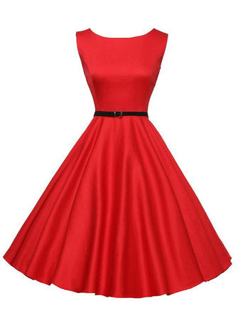 Hepburn Wind Women Vintage Pure Color Sleeveless Swing Dresses