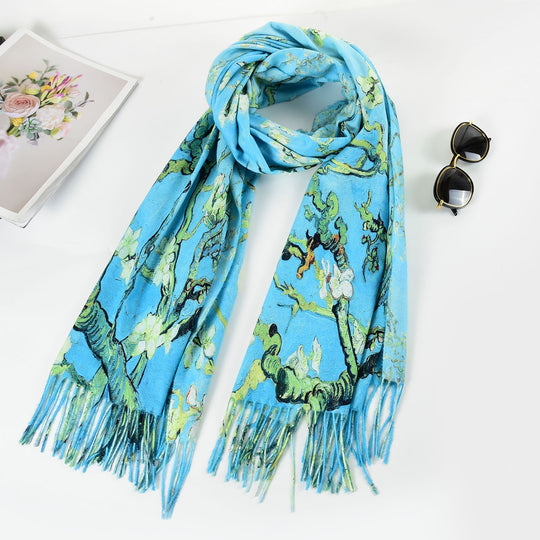 sf1238-blue Charming Waxberry Oil Painting Scarf