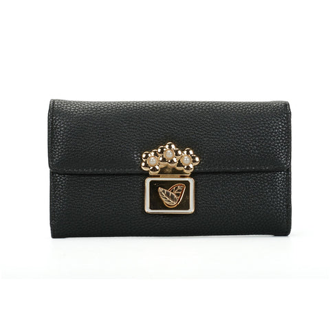 VKP1424 Black  - Chic Leaf Shape Metal Button Flower Pattern Wallet
